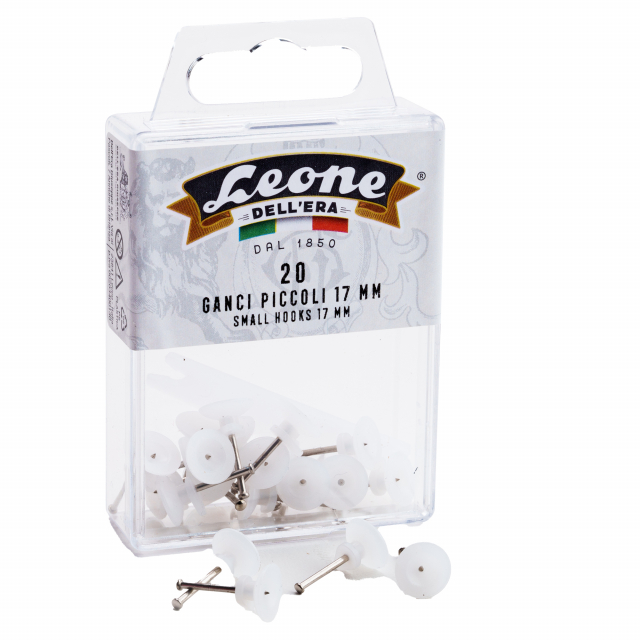 Scatola blister appendibile contenente 20 ganci trasparenti portaquadri con spilli Leone assortiti da 17mm di lunghezza