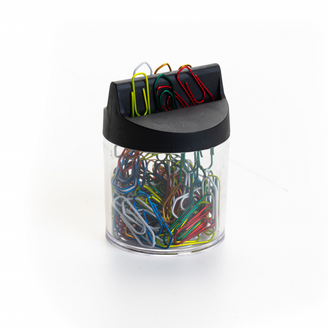 Barattolo contenente 125 fermagli in metallo con coperchio magnetico.