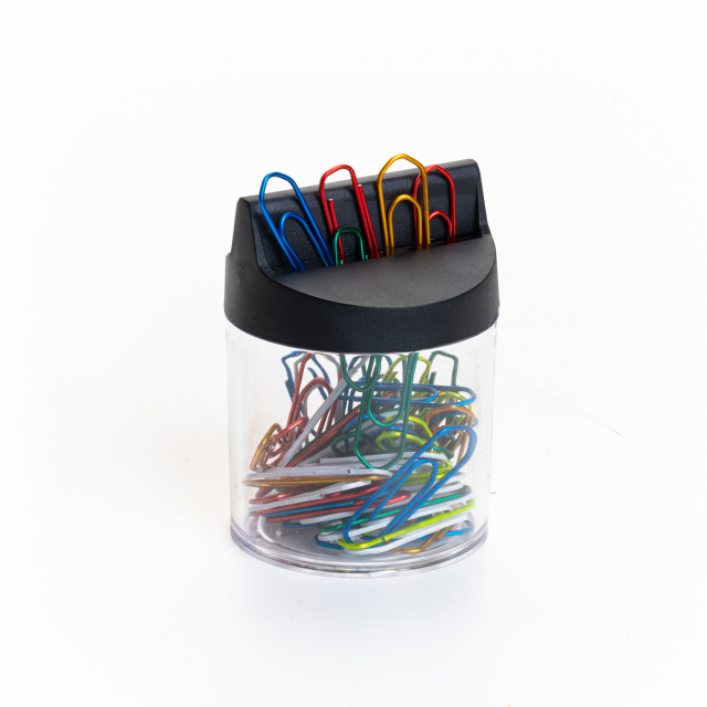 Barattolo contenente 60 fermagli in metallo con coperchio magnetico.