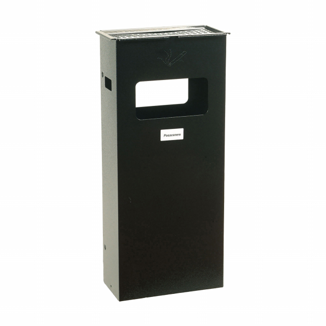 Posacenere e gettacarta con cestello superiore estraibile con griglia in acciaio inossidabile. Parte inferiore per la raccolta della carta. Struttura in lamiera verniciata a polvere epossidica adatta per l'ambiente esterno. Dimensione: 30x70x15cm
