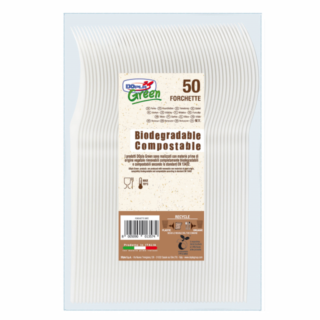 Forchette di colore avorio in Estabio compostabile e biodegradabile in conformità alla norma EN 13432.  Per alimenti Max 70°C.
•  Lunghezza 180mm
• Peso unitario 5,47gr
• Compostabili e biodegradabili