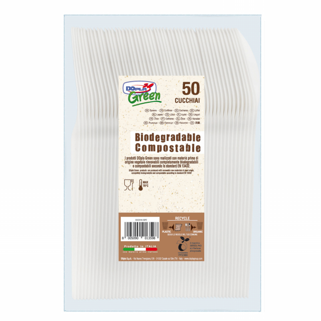 Cucchiai di colore avorio in Estabio compostabile e biodegradabile in conformità alla norma EN 13432.  Per alimenti Max 70°C.
•  Lunghezza 180mm
• Peso unitario 5,7gr
• Compostabili e biodegradabili
