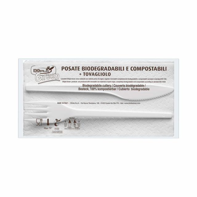 Bis posate (coltello e forchetta) di colore avorio in Estabio compostabile e biodegradabile in conformità alla norma EN 13432. Per alimenti Max 70°C.
• Lunghezza posate 180mm
• Tovagliolo a 2 veli 33x33cm
• Compostabili e biodegradabili