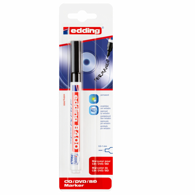 Marcatore specifico per CD e DVD, inclusa la nuova generazione Blu-ray Disc. Punta conica, morbida e flessibile, specificamente studiata per la superficie del CD e DVD e per un elevato confort di scrittura. Ideale anche per carta e come marcatore permanen