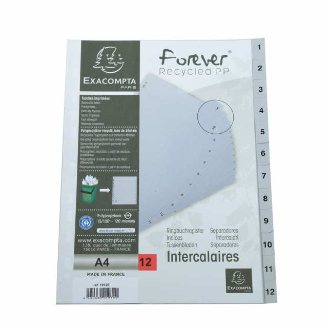 MARCHIO : Exacompta
MATERIALE : Ppl
SPESSORE : 12/100E
COLORI : Grigio
FORMATO ESTERNO : 22,5x29,7 cm
FORMATO : A4
TIPO DI PRODOTTO : Intercalari
TIPO : Numerico
NUMERO POSIZIONI : 12