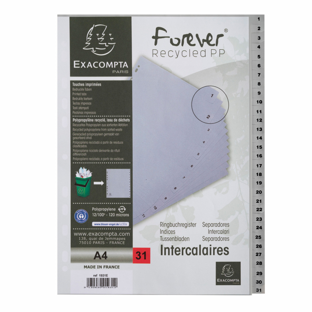 MARCHIO : Exacompta
MATERIALE : Ppl
SPESSORE : 12/100E
COLORI : Grigio
FORMATO ESTERNO : 22,5x29,7 cm
FORMATO : A4
TIPO DI PRODOTTO : Intercalari
TIPO : Numerico
NUMERO POSIZIONI : 31