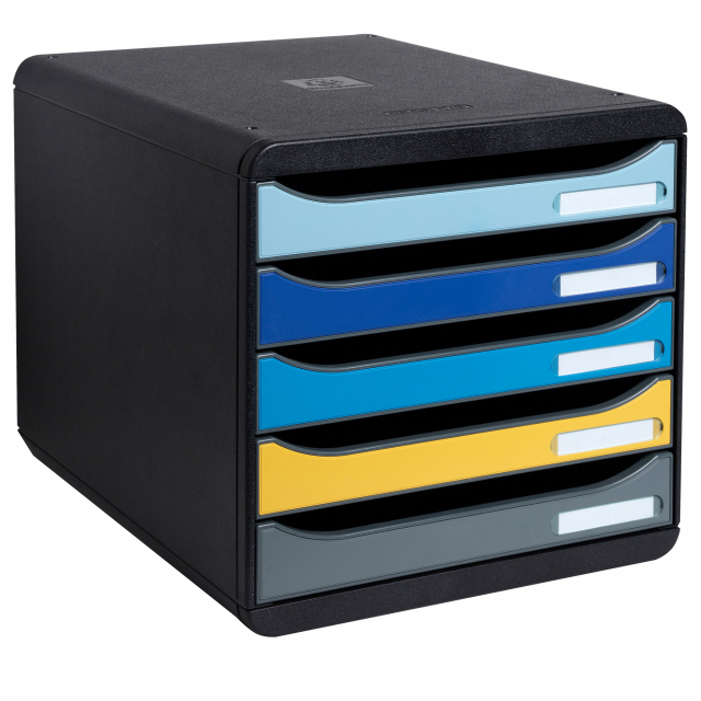 Cassettiera da scrivania formato A4. Monoblocco, ultrarigida. Cassetti con blocco d'arresto e aperti per consentire l'inserimento diretto dei documenti. Formato esterno:347x278x271 mm. Portaetichetta in dotazione, sovrapponibile grazie a 4 piccoli incastr