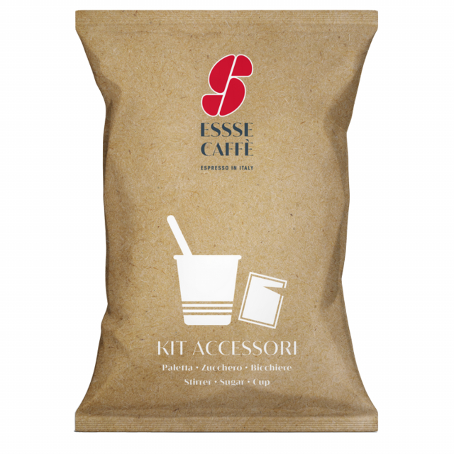 Serving kit 50 bicchierini in carta + 50 bustine zucchero bianco + 50 palettine in legno incartate singolarmente.