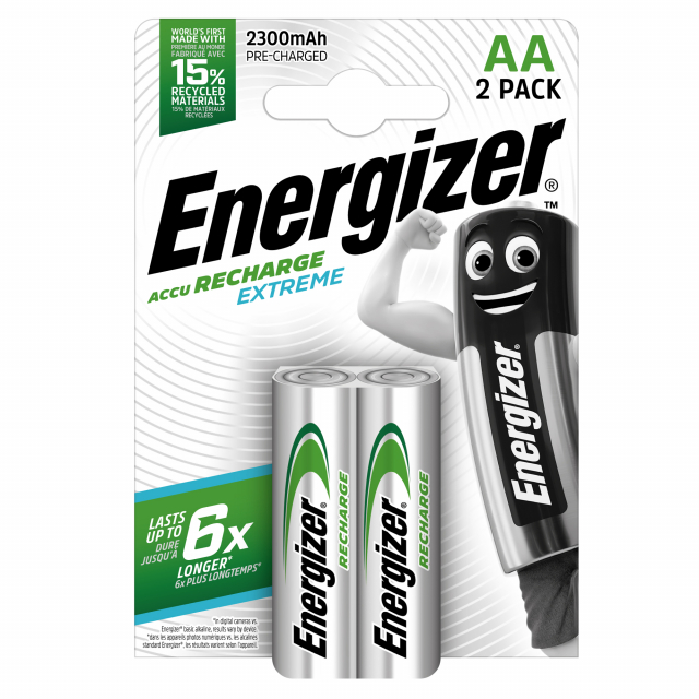 Le prime ricaricabili al mondo prodotte con una percentuale di batterie riciclate mantenendo inalterate le prestazioni, garantiscono una durata fi no a 6 volte superiore ad un'alcalina standard*. La tecnologia Energizer permette la presenza di addittivi s