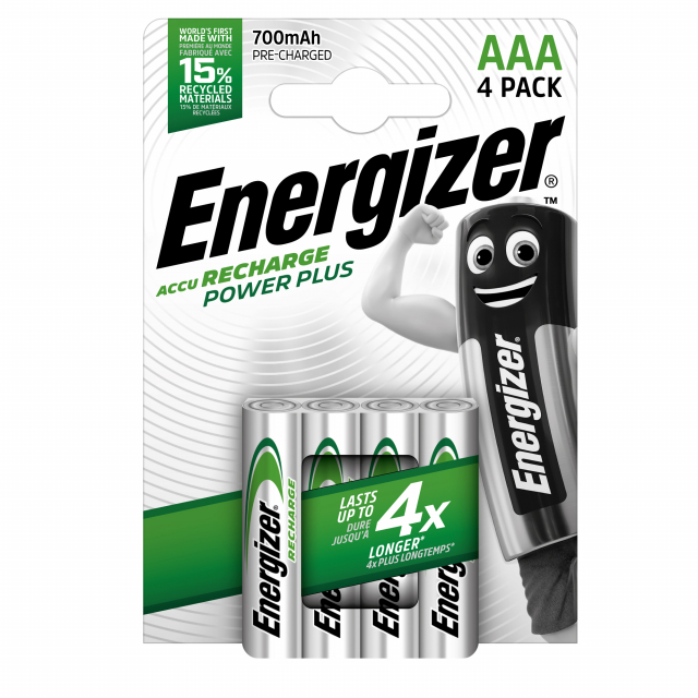 Le prime ricaricabili al mondo prodotte con una percentuale di batterie riciclate mantenendo inalterate le prestazioni, garantiscono una durata fi no a 6 volte superiore ad un'alcalina standard*. La tecnologia Energizer permette la presenza di addittivi s