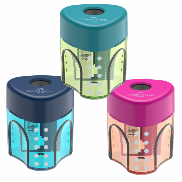 Temperamatite di plastica mini, triangolare con serbatoio, 1 foro. Colori assortiti.