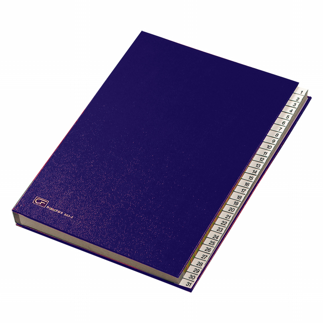 Classificatori numerici con robusta copertina in dermoide. Intercalari in tenace cartoncino. Scala in plastica serigrafata. Dorso a soffietto. Formato utile 24x34cm.