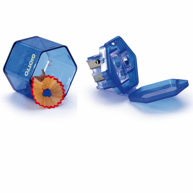 Temperamatite esagonale a 3 fori in 5 colori assortiti ( rosa, arancio, blu, verde, giallo).