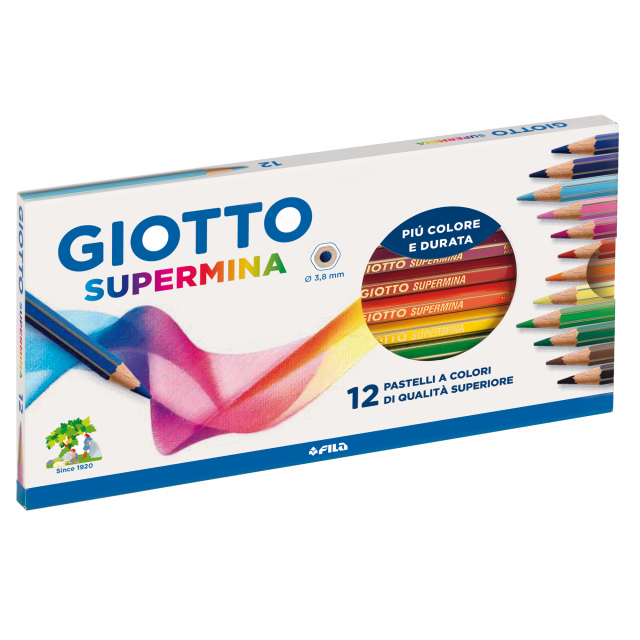 Pastello esagonale lunghezza 18cm, verniciato nel colore della mina con spigoli dorati. Mina diam. 3,5mm.