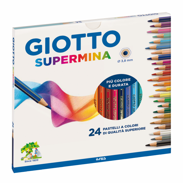 Pastello esagonale lunghezza 18cm, verniciato nel colore della mina con spigoli dorati. Mina diam. 3,5mm.
