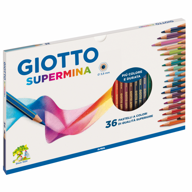 Pastello esagonale lunghezza 18cm, verniciato nel colore della mina con spigoli dorati. Mina diam. 3,5mm.