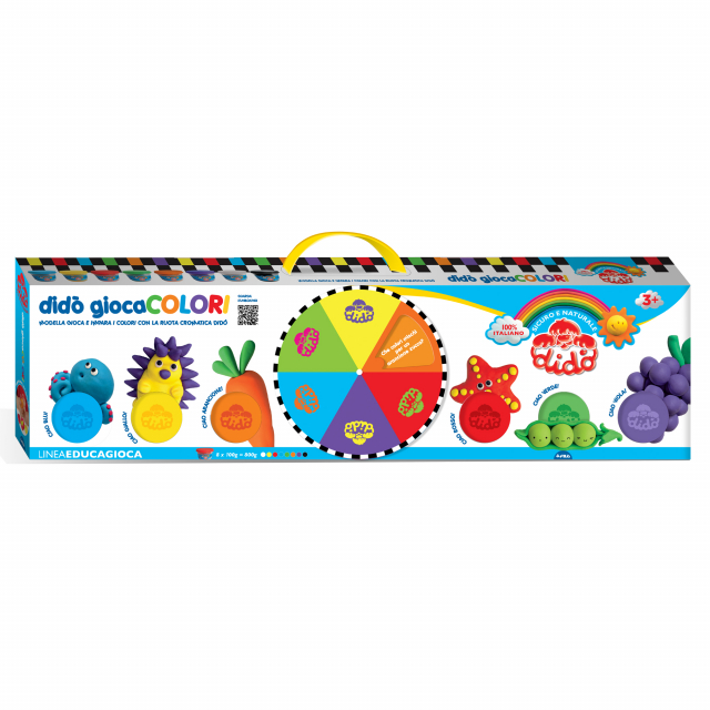 Maxi valigetta con 8 barattoli da 100gr (giallo, rosso, ciano, arancione, viola, verde, bianco e nero). 1 maxi tovaglia gioco 60x60cm, 1 mattarello, 1 coltellino, 1 ruzzola, libricino con la teoria del colore, 1 set da 3 lenti colorate, 1 set da 3 ruote c