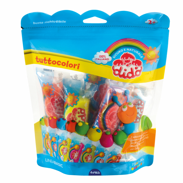 Busta minigrip appendibile e richiudibile contenente 7 salsicciotti Didò ed un coltellino per creare morbidi giochi. Prodotto indicato per bambini già a partire dai 2 anni, il contenuto è a vista grazie alla finestra trasparente e la busta può essere anch