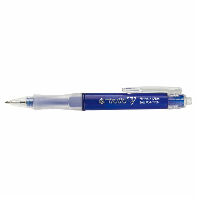 Penna a sfera a scatto con fusto triangolare e impugnatura antiscivolo. Punta in silver nichel. Sfera in carburo tungsteno. Lunghezza di scrittura 2 km.
Tratto 0,7mm. Colore : blu.