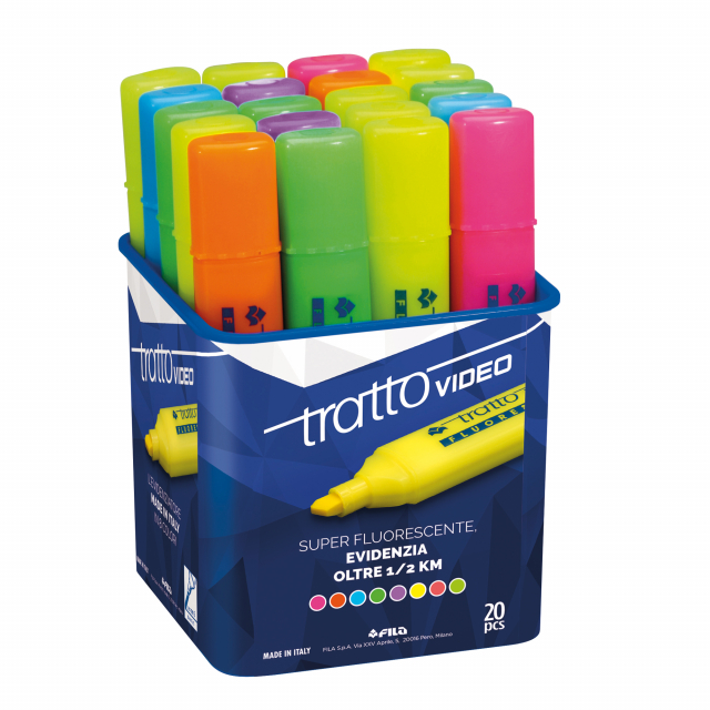 Barattolo 20 evidenziatori. Colori assortiti. Inchiostro a base d'acqua che asciuga rapidamente su tutti i tipi di carta normale, autoricalcante e fax. Punta scalpello con tratto 1,0-5,0mm.