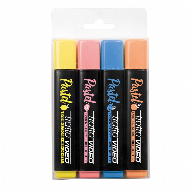 Inchiostro a base d'acqua che asciuga rapidamente su tutti i tipi di carta normale, autoricalcante e fax. Punta scalpello con tratto 1,0-5,0mm. Astuccio 4 colori assortiti: giallo limone , azzurro mirtillo, rosa pompelmo, arancione albicocca.