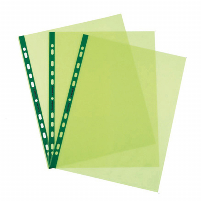 Busta forata in verde realizzata in polipropilene trasparente liscio, con foratura universale. Altissimo spessore e massima protezione dei documenti. Formato 22x30cm. Made in Italy