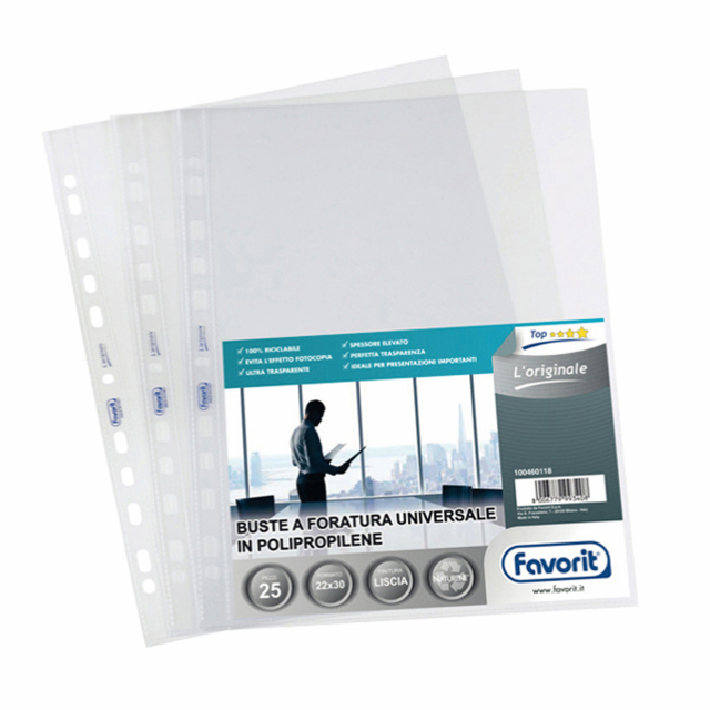 Busta forata realizzata in polipropilene con finitura trasparente super liscia. Foratura lato lungo. Formato utile 30x42cm. Ideale per presentazioni impeccabili.   Made in Italy