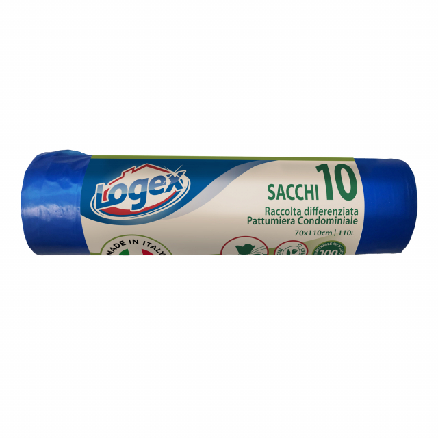 Sacchetti azzurri in polietilene ad alta densità per raccolta differenziata 70x110cm, 16micron, 24gr. Capienza 110 litri. Confezionati in rotolo con fascetta.