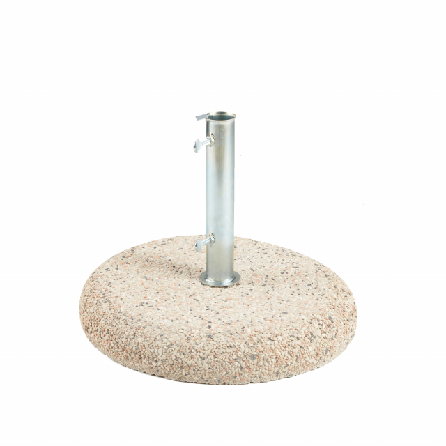 Base in cemento lavato Ø 50 cm con tubolare di supporto in metallo ideale per ombellone 91704. Dimensioni:  Ø50cm - peso 35kg. Articolo destinato ad esclusivo uso domestico. Non adatto ad uso pubblico.