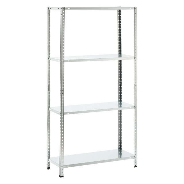 Scaffale in metallo galvanizzato a bulloni con 4 ripiani, spessore 0,4 mm, portata massima 45 kg per ripiano uniformemente distribuiti. Spessore struttura 0,55 mm. Prodotto da assemblare. Dimensioni: H147 x P30 x L75cm. Articolo destinato ad esclusivo uso