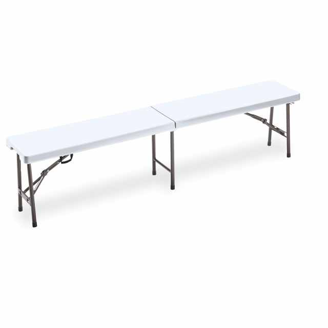 Panca HORECA rettangolare pieghevole di colore bianco. Struttura in acciaio verniciato con vernici epossidiche color grigio e top in HDPE di colore bianco pieghevole. Dimensioni: H44 x P30 x L183cm - 8,6kg.Articolo destinato ad esclusivo uso domestico. No