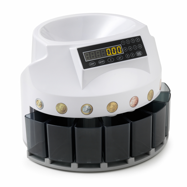 Conta dividi monete Euro a 8 cassetti, di facile utilizzo, silenziosa e veloce. Funzioni: BATCH: permette di impostare una quantità predefinita di monete da contare; ogni volta che il numero selezionato viene raggiunto la macchina si ferma. In caso di uti