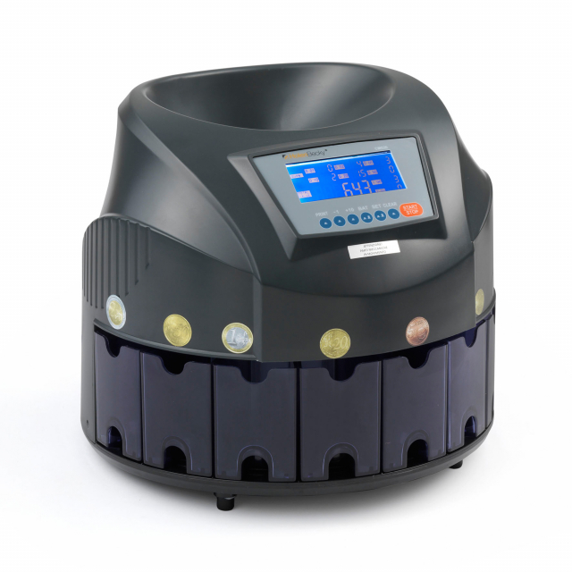 Conta-divide monete Euro in 8 cassetti,silenziosa e veloce, con display LCD di ultima generazione. Dotata di funzione batch memorizzabile e dell'innovativa funzione REPORT di conteggio a display. Capacità di carico 300/500 monete. Capacità dei cassetti 18