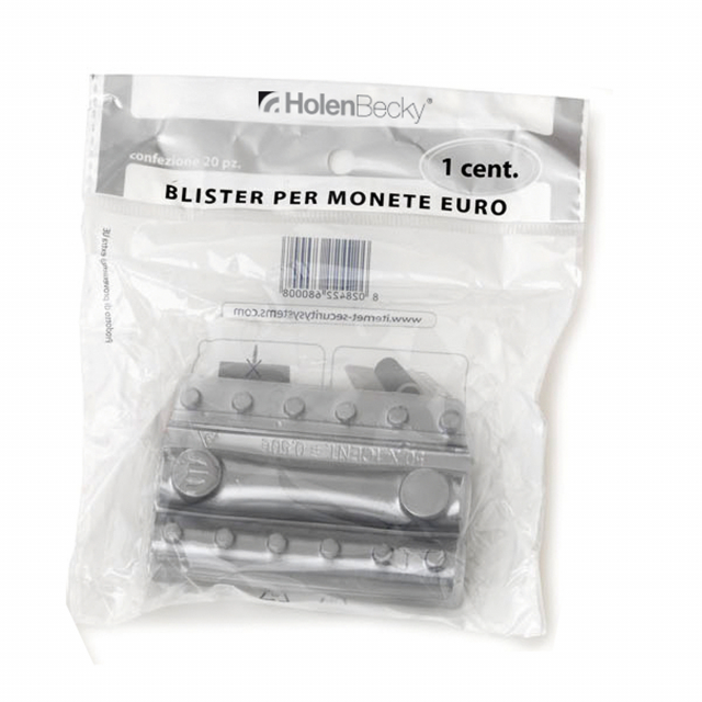 Blister portamonete Euro in pvc riciclato 100% trasparente.
Singolo blister colorato in modo differente per facilitare la distinzione tra i vari tagli di monete.
Confezione da 20 blister per singola denominazione, in opp bag dotata di foro per espositore.
