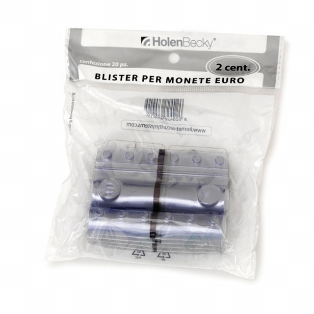 Blister portamonete Euro in pvc riciclato 100% trasparente.
Singolo blister colorato in modo differente per facilitare la distinzione tra i vari tagli di monete.
Confezione da 20 blister per singola denominazione, in opp bag dotata di foro per espositore.