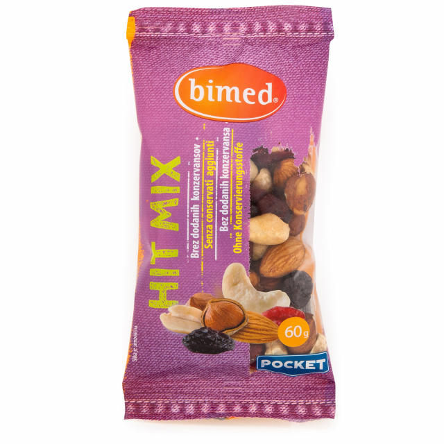 Hit mix nocciole, anacardi, mandorle, mirtilli e uvetta, Confezione pocket 60g - Bimed
Ingredienti:
- Misto di frutta secca in proporzioni variabili 42% (mirtilli, zucchero di canna, olio di girasole; uvetta, olio di girasole)
- Misto di frutta a guscio i