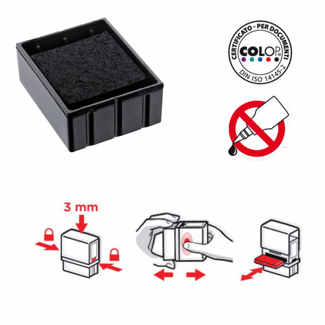 Cuscinetto quadrato inchiostrato di ricambio per timbri Colop, facile da sostituire grazie al sistema pop-out/snap-in. Una volta esaurito il cuscinetto deve essere sostituito, non Þ idoneo ad essere reichiostrato. Confezione da 5 pezzi.