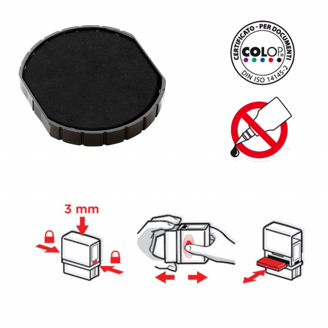 Cuscinetto tondo inchiostrato di ricambio per timbri Colop, facile da sostituire grazie al sistema pop-out/snap-in. Una volta esaurito il cuscinetto deve essere sostituito, non Þ idoneo ad essere reichiostrato. Confezione da 5 pezzi.