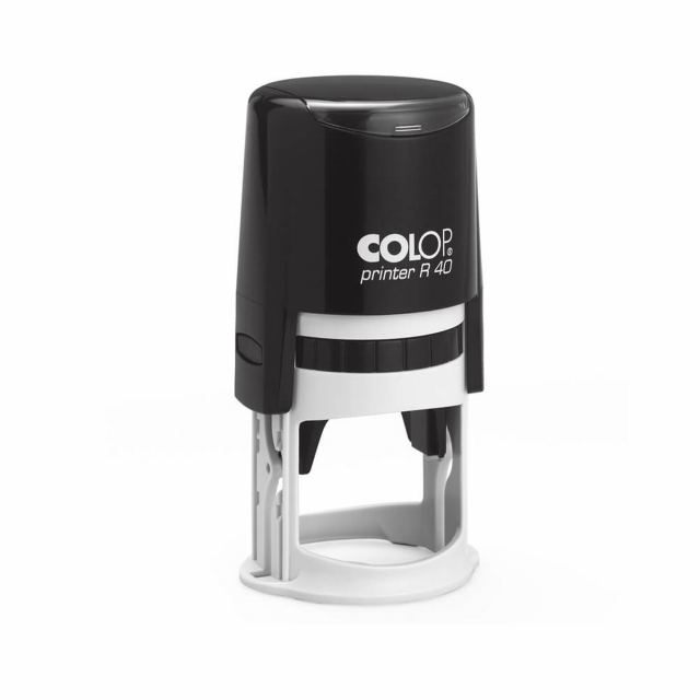 Timbro autoinchiostrante rotondo con struttura in plastica. Diametro 40mm. Piastra da 7 righe. Tampone ricambio E/R40.