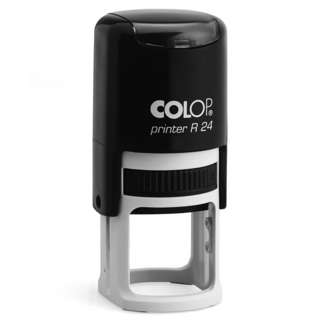 Timbro autoinchiostrante rotondo di plastica. Diametro 24mm. Piastra da 4 righe. Tampone ricambio E/R24.
