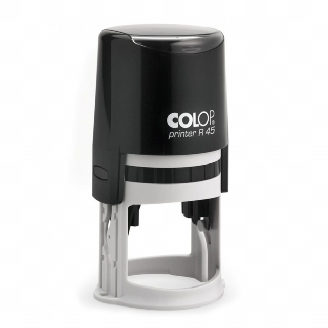 Timbro autoinchiostrante rotondo di plastica. Diametro 45mm. Piastra da 5 righe. Tampone ricambio E/R45.