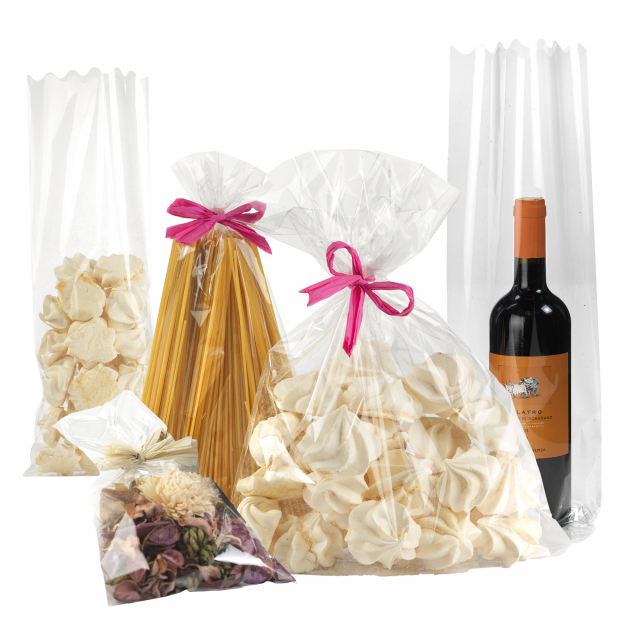 Buste trasparenti in cellophan crystal per alimenti con soffietto o con fondo quadro.
Dimensioni: 20x35cm.