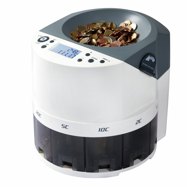 Conta dividi monete euro professionale a 8 cassetti.
 Consente di gestire un‘elevata quantità di monete sia in carico (1000 pcs) che in raccolta (capacità dei cassetti fino a 400 monete, in funzione della denominazione contenuta). 
Funzioni:
Batch: per