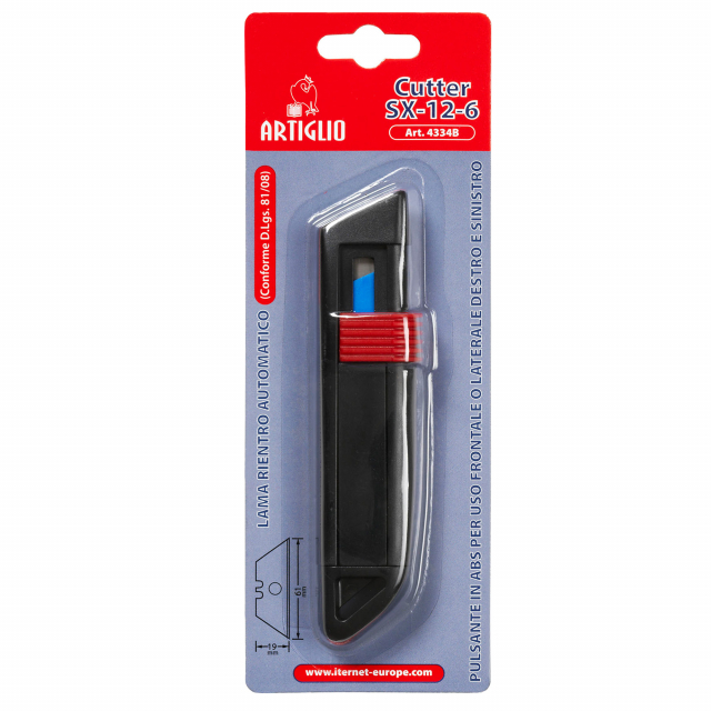 Cutter ambidestro con lama trapezoidale a rientro automatico. Struttura in resistente ABS, molto leggero e maneggevole. Le dimensioni contenute (12x2,7x1,6cm) ed il sistema di ritrazione a molla conforme al DL 81/08, consentono di riporlo comodamente in t