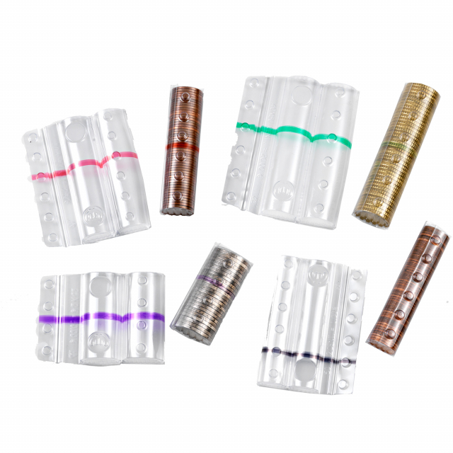 Blister in PVC trasparente con fascia colorata grigia per identificare il taglio della moneta da 2 centesimi. Capacità 50 monete.