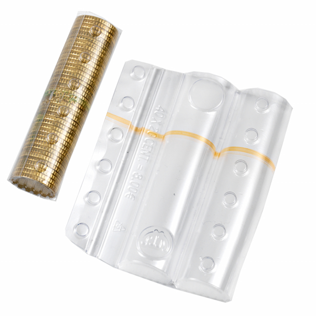 Blister in PVC trasparente con fascia colorata arancio per identificare il taglio della moneta da 20 centesimi. CapacitÓ 40 monete.