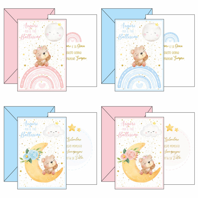 Biglietti doppi formato 11,7x17cm. Stampa offset su cartoncino liscio bianco. Blisterati 1 busta/1 biglietto. Decorati con glitter.