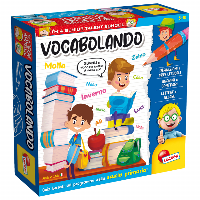 Vocabolando è un gioco di percorso a quiz pensato per arricchire il lessico dei bambini della scuola primaria. Per vincere bisogna guadagnare le coccarde avanzando sul tabellone e rispondere a domande sulle definizioni, i sinonimi e i contrari e le aree l