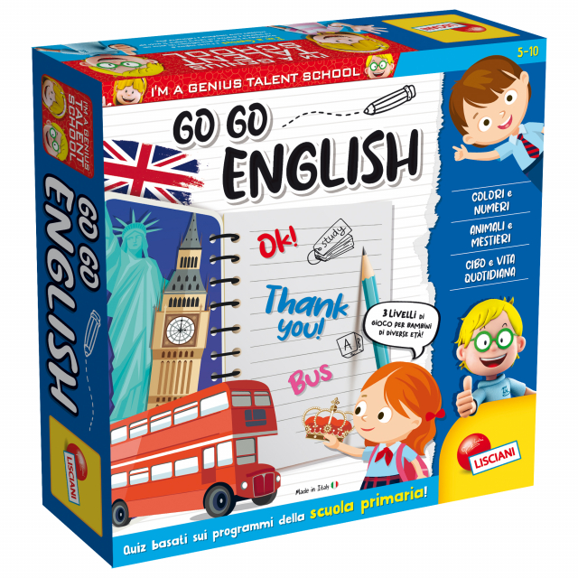 Go Go English è un simpatico gioco di percorso a quiz, pensato specificamente per far scoprire in modo divertente la lingua inglese ai bambini della scuola primaria. Per vincere bisogna avanzare sul tabellone guadagnando le speciali coccarde e rispondere 