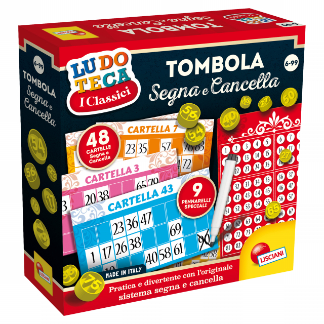 Un originale versione che utilizza 48 cartelli e speciali pennarelli cancellabili per segnare i numeri estratti. Grande divertimento per tutta la famiglia. Età consigliata: 6-99 anni.
